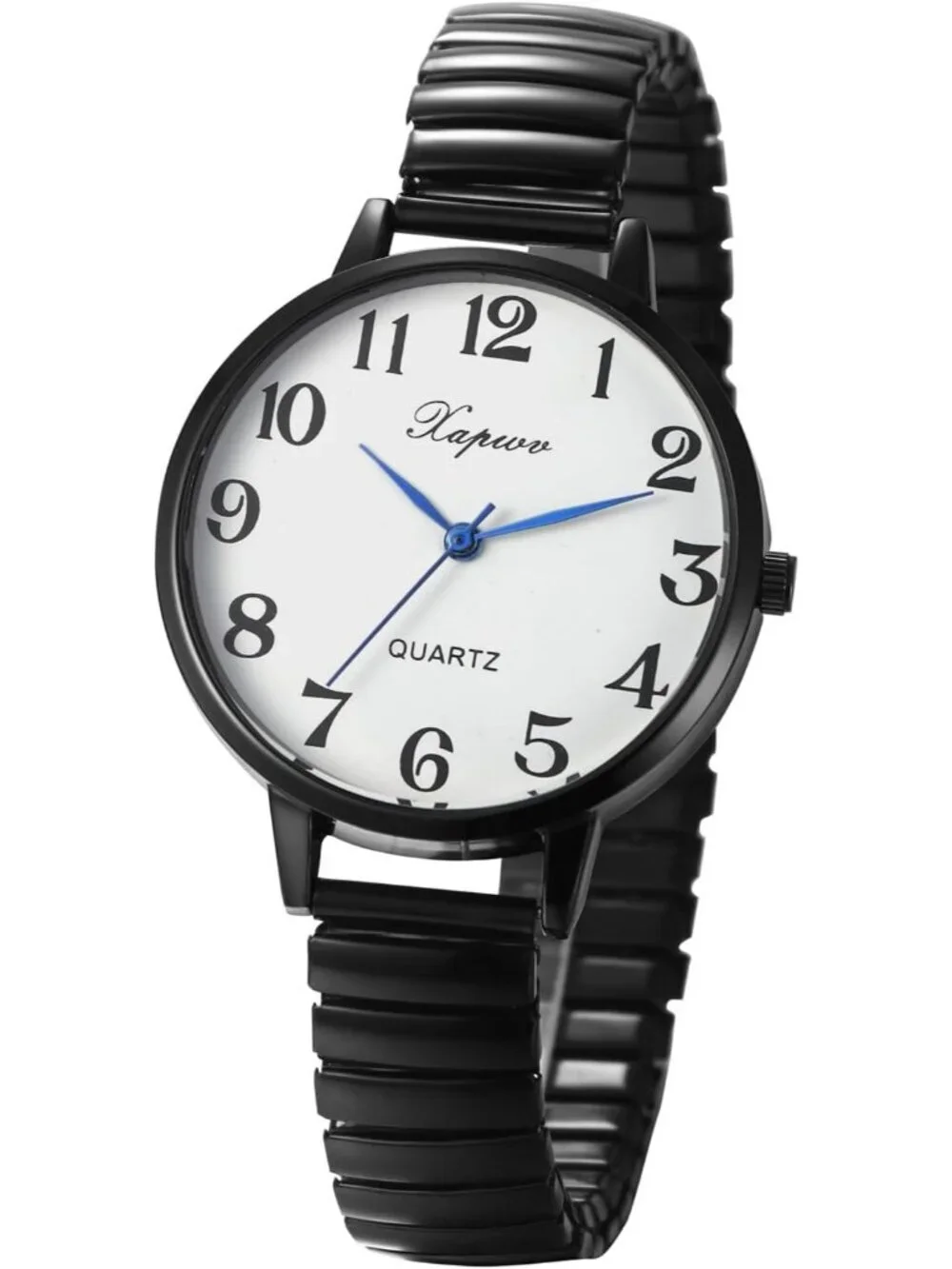 Women's Black Analog Quartz Small Numbers Easy Reader Stretch Band Wrist Watch